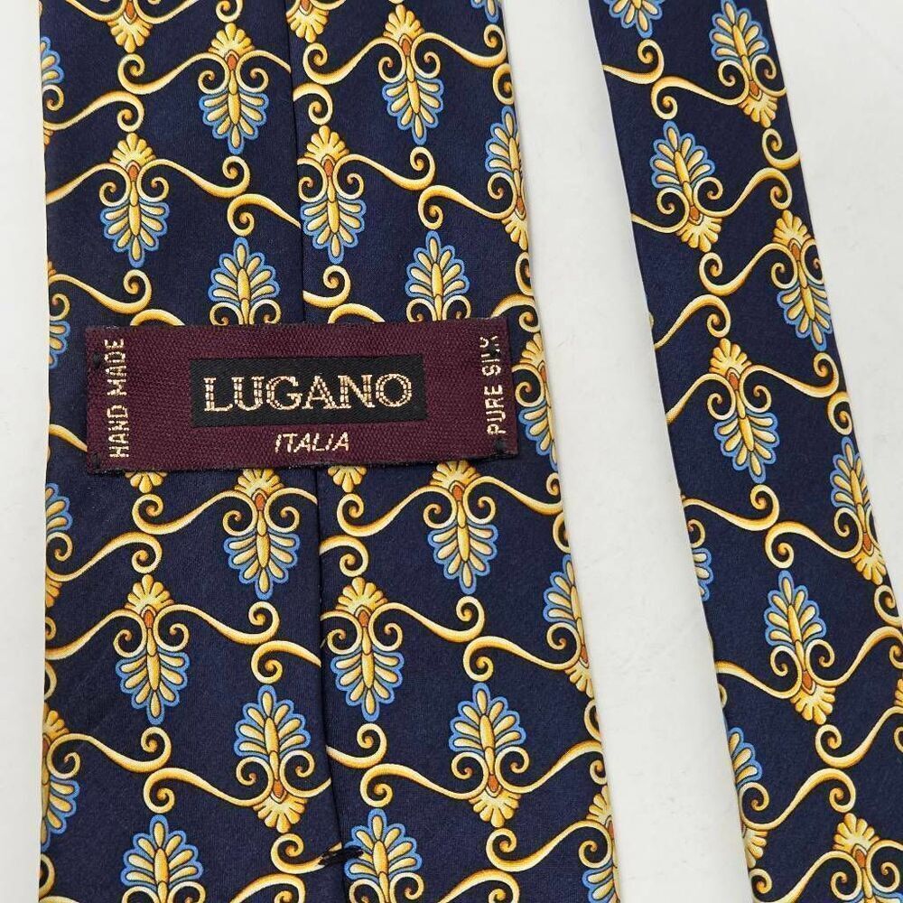 LUGANO ITALIA HAND MADE SILK TIE NAVY BLUE GOLD BAROQUE LUXURY 3.5" X 60" - Picture 4 of 4